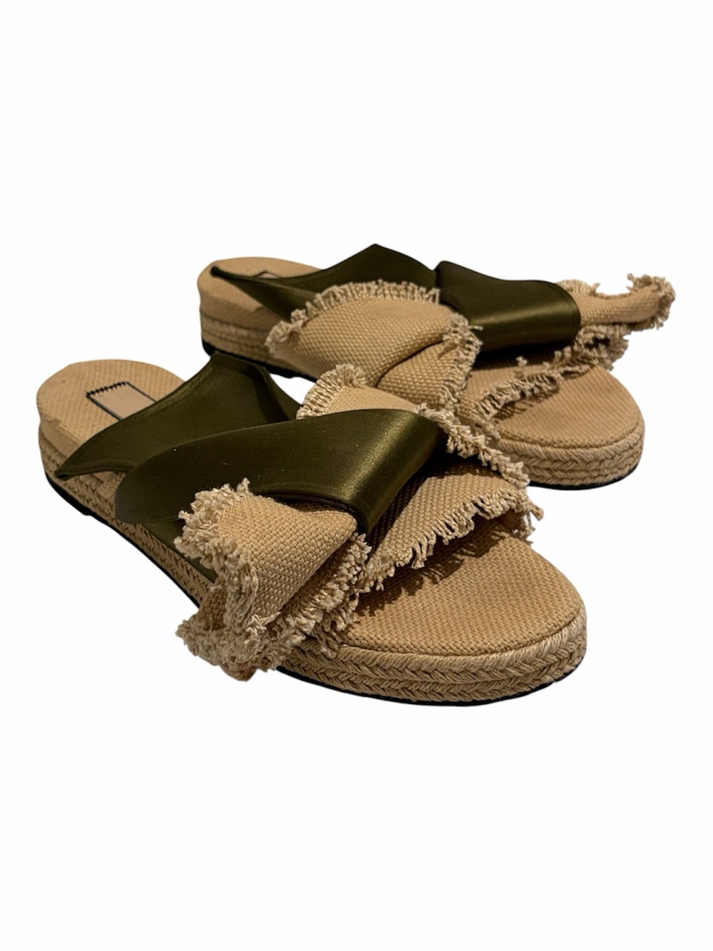 Nº21 Olive Green‎ Satin Burlap Raso Knot Flat Slides Size 9 Italian Luxury Euro